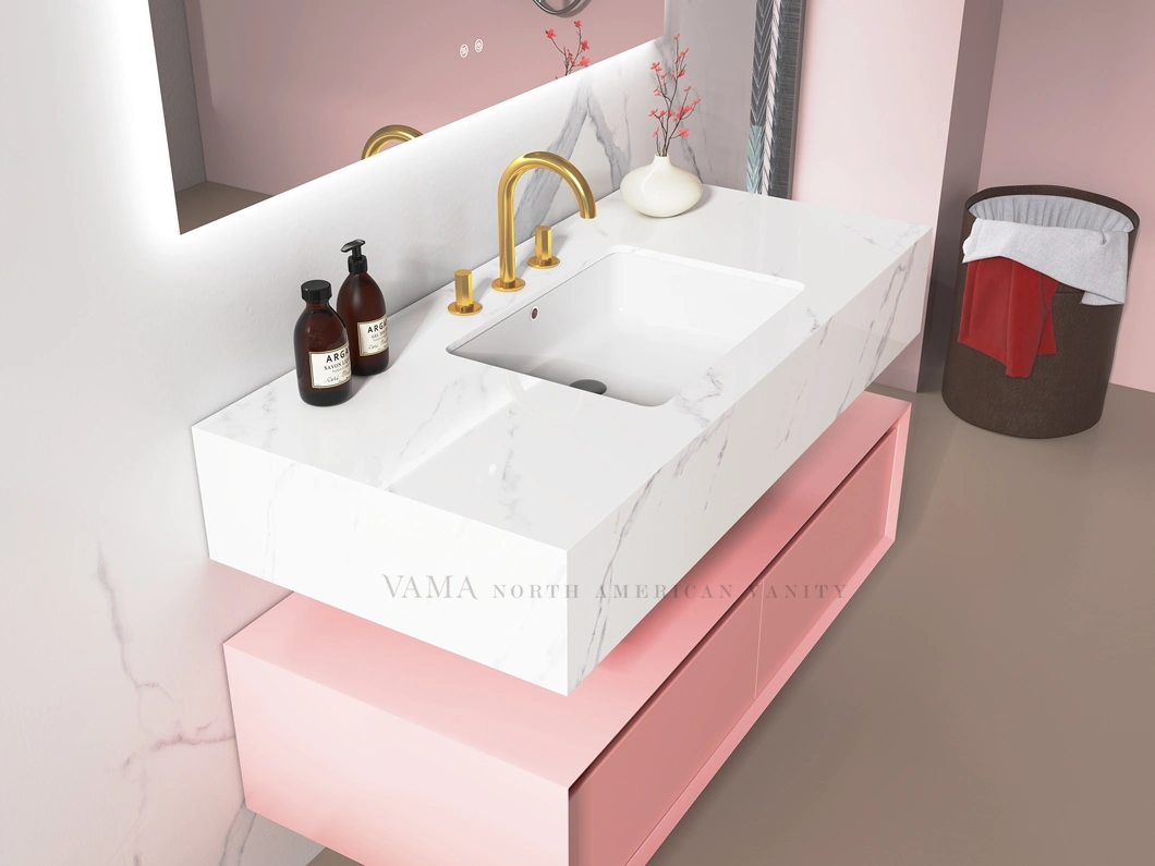 Vama 1200mm Modern Solid Wood Pink Lacquer Single Basin Cabinet Sintered Stone Counter Top Bathroom Vanity V308120