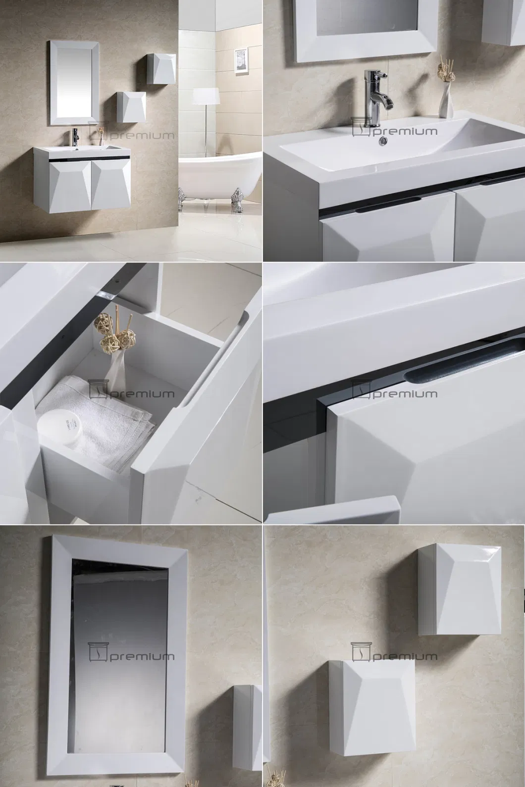 800mm Width White Wall Mounted Modern Design Single Acrylic Sink PVC Waterproof Bathroom Vanity Cabinet