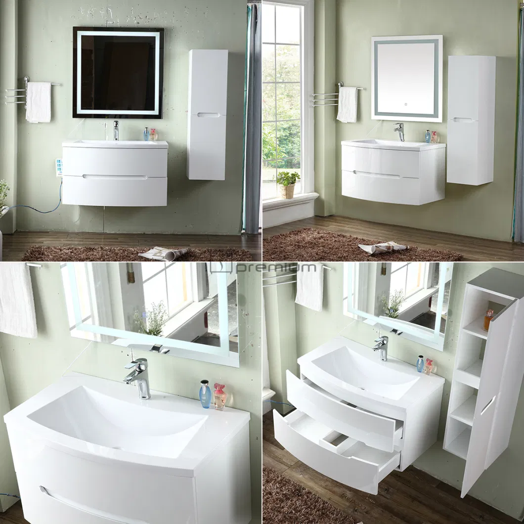 Resin Sink Modern Bathroom Wall Hung Lacquer Finish Cabinet Vanity with LED Mirror