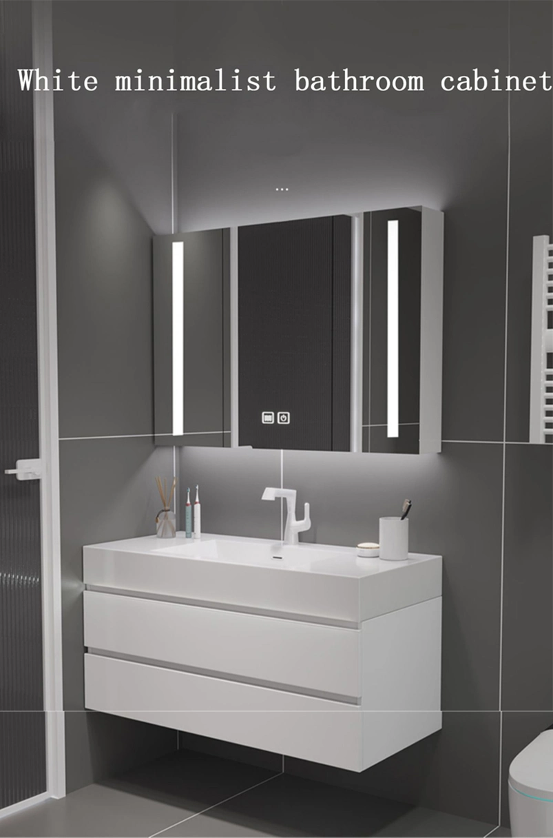 a Luxury Bathroom Set with a Minimalist Modern Style Featuring a White Ceramic Basin a Rectangle LED Mirror Light and a White Vanity Countertop