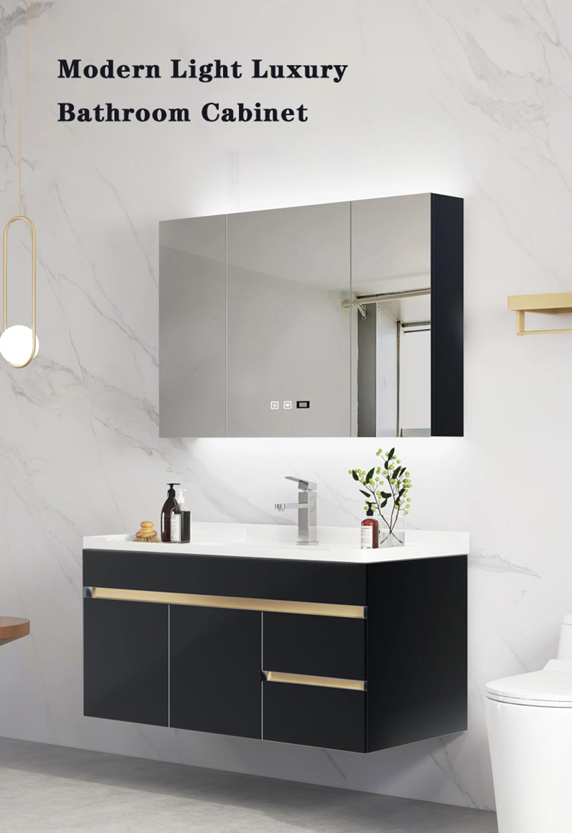 Luxury Rectangular Black Gold Design Waterproof Solid Wood Cabinet Bathroom Vanity Sink Perfect for Hotels and Home Bathrooms
