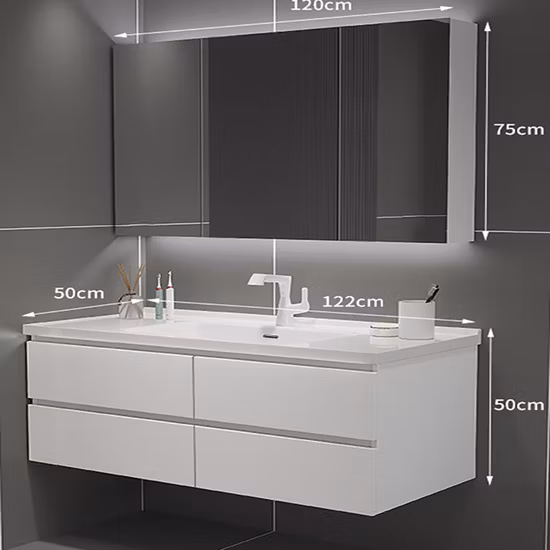 a Luxury Bathroom Set with a Minimalist Modern Style Featuring a White Ceramic Basin a Rectangle LED Mirror Light and a White Vanity Countertop