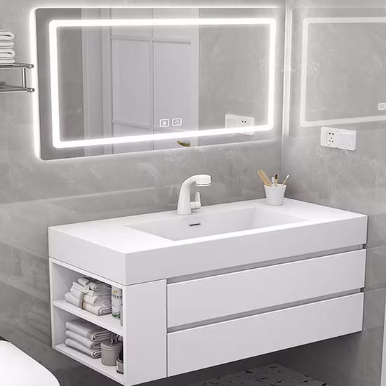 a Luxury Bathroom Set with a Minimalist Modern Style Featuring a White Ceramic Basin a Rectangle LED Mirror Light and a White Vanity Countertop