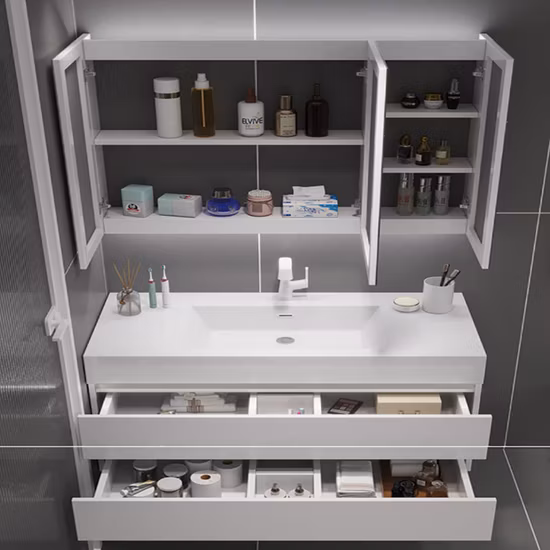 a Luxury Bathroom Set with a Minimalist Modern Style Featuring a White Ceramic Basin a Rectangle LED Mirror Light and a White Vanity Countertop