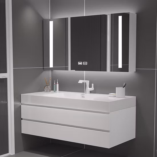 a Luxury Bathroom Set with a Minimalist Modern Style Featuring a White Ceramic Basin a Rectangle LED Mirror Light and a White Vanity Countertop