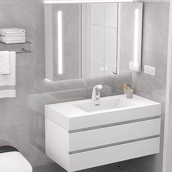 a Luxury Bathroom Set with a Minimalist Modern Style Featuring a White Ceramic Basin a Rectangle LED Mirror Light and a White Vanity Countertop
