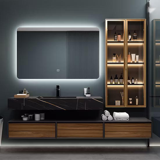 Modern Melamine Plywood Floor Mounted Bathroom Vanity with Mirror Cabinet