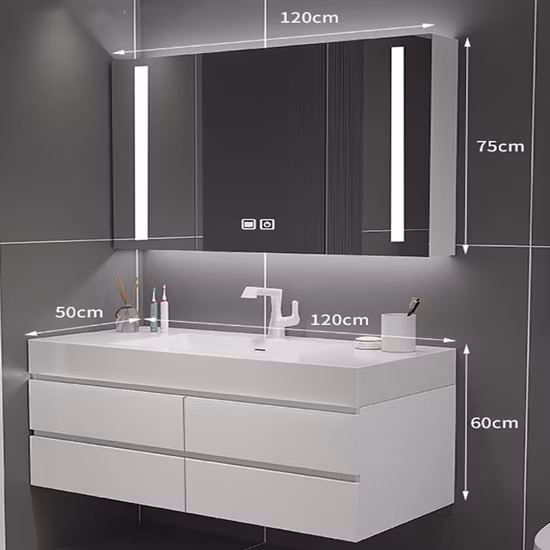 a Luxury Bathroom Set with a Minimalist Modern Style Featuring a White Ceramic Basin a Rectangle LED Mirror Light and a White Vanity Countertop
