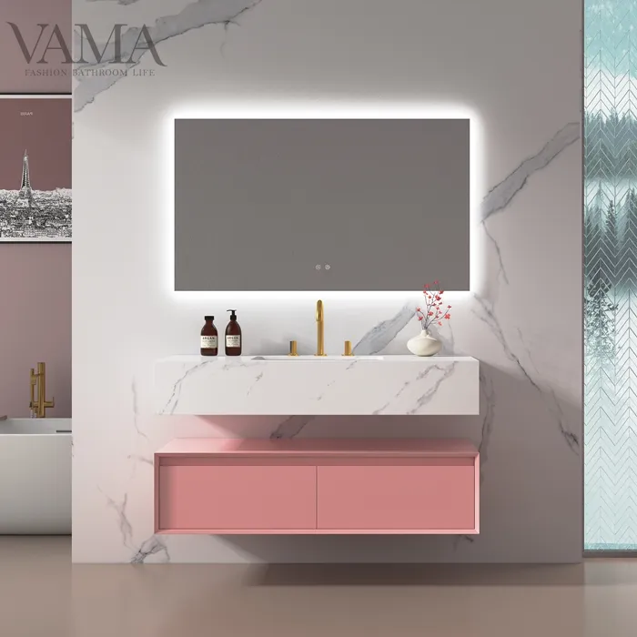 Vama 1200mm Modern Solid Wood Pink Lacquer Single Basin Cabinet Sintered Stone Counter Top Bathroom Vanity V308120